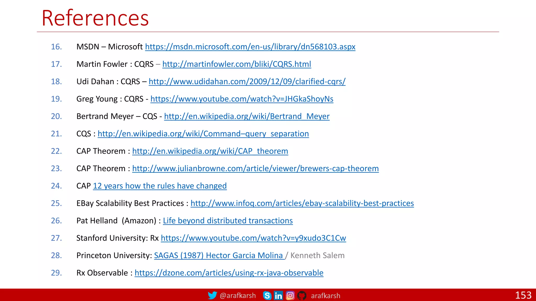 @arafkarsh arafkarsh
References
153
16. MSDN – Microsoft https://msdn.microsoft.com/en-us/library/dn568103.aspx
17. Martin Fowler : CQRS – http://martinfowler.com/bliki/CQRS.html
18. Udi Dahan : CQRS – http://www.udidahan.com/2009/12/09/clarified-cqrs/
19. Greg Young : CQRS - https://www.youtube.com/watch?v=JHGkaShoyNs
20. Bertrand Meyer – CQS - http://en.wikipedia.org/wiki/Bertrand_Meyer
21. CQS : http://en.wikipedia.org/wiki/Command–query_separation
22. CAP Theorem : http://en.wikipedia.org/wiki/CAP_theorem
23. CAP Theorem : http://www.julianbrowne.com/article/viewer/brewers-cap-theorem
24. CAP 12 years how the rules have changed
25. EBay Scalability Best Practices : http://www.infoq.com/articles/ebay-scalability-best-practices
26. Pat Helland (Amazon) : Life beyond distributed transactions
27. Stanford University: Rx https://www.youtube.com/watch?v=y9xudo3C1Cw
28. Princeton University: SAGAS (1987) Hector Garcia Molina / Kenneth Salem
29. Rx Observable : https://dzone.com/articles/using-rx-java-observable
 