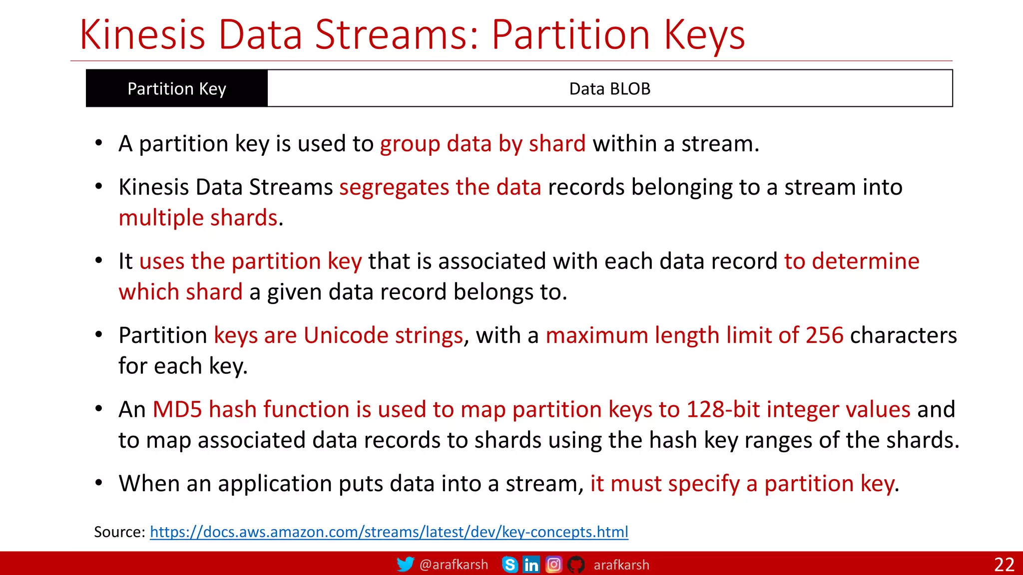 @arafkarsh arafkarsh
Kinesis Data Streams: Partition Keys
22
Source: https://docs.aws.amazon.com/streams/latest/dev/key-concepts.html
Partition Key Data BLOB
• A partition key is used to group data by shard within a stream.
• Kinesis Data Streams segregates the data records belonging to a stream into
multiple shards.
• It uses the partition key that is associated with each data record to determine
which shard a given data record belongs to.
• Partition keys are Unicode strings, with a maximum length limit of 256 characters
for each key.
• An MD5 hash function is used to map partition keys to 128-bit integer values and
to map associated data records to shards using the hash key ranges of the shards.
• When an application puts data into a stream, it must specify a partition key.
 