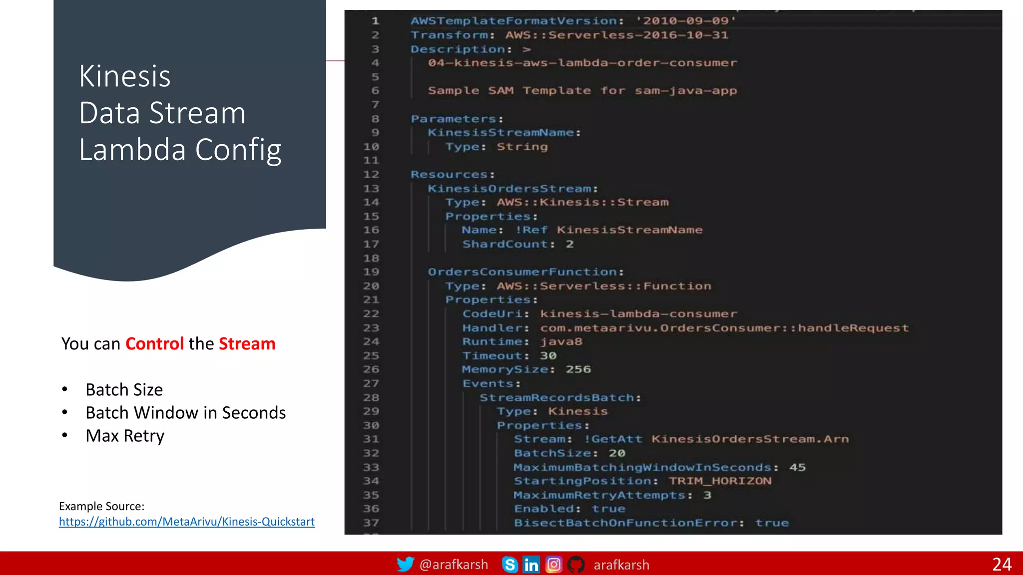 @arafkarsh arafkarsh
Kinesis
Data Stream
Lambda Config
24
Example Source:
https://github.com/MetaArivu/Kinesis-Quickstart
You can Control the Stream
• Batch Size
• Batch Window in Seconds
• Max Retry
 