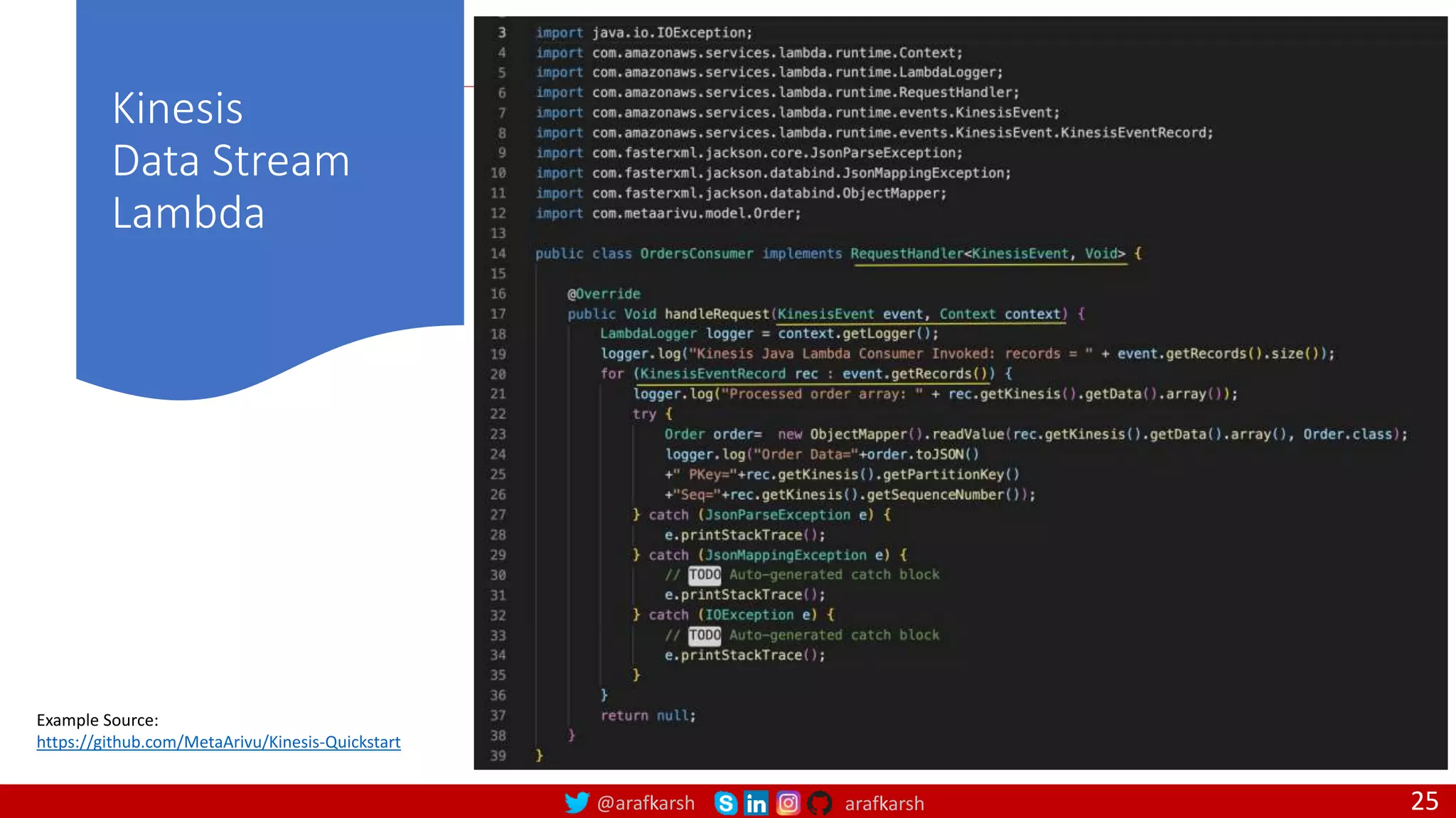 @arafkarsh arafkarsh
Kinesis
Data Stream
Lambda
25
Example Source:
https://github.com/MetaArivu/Kinesis-Quickstart
 