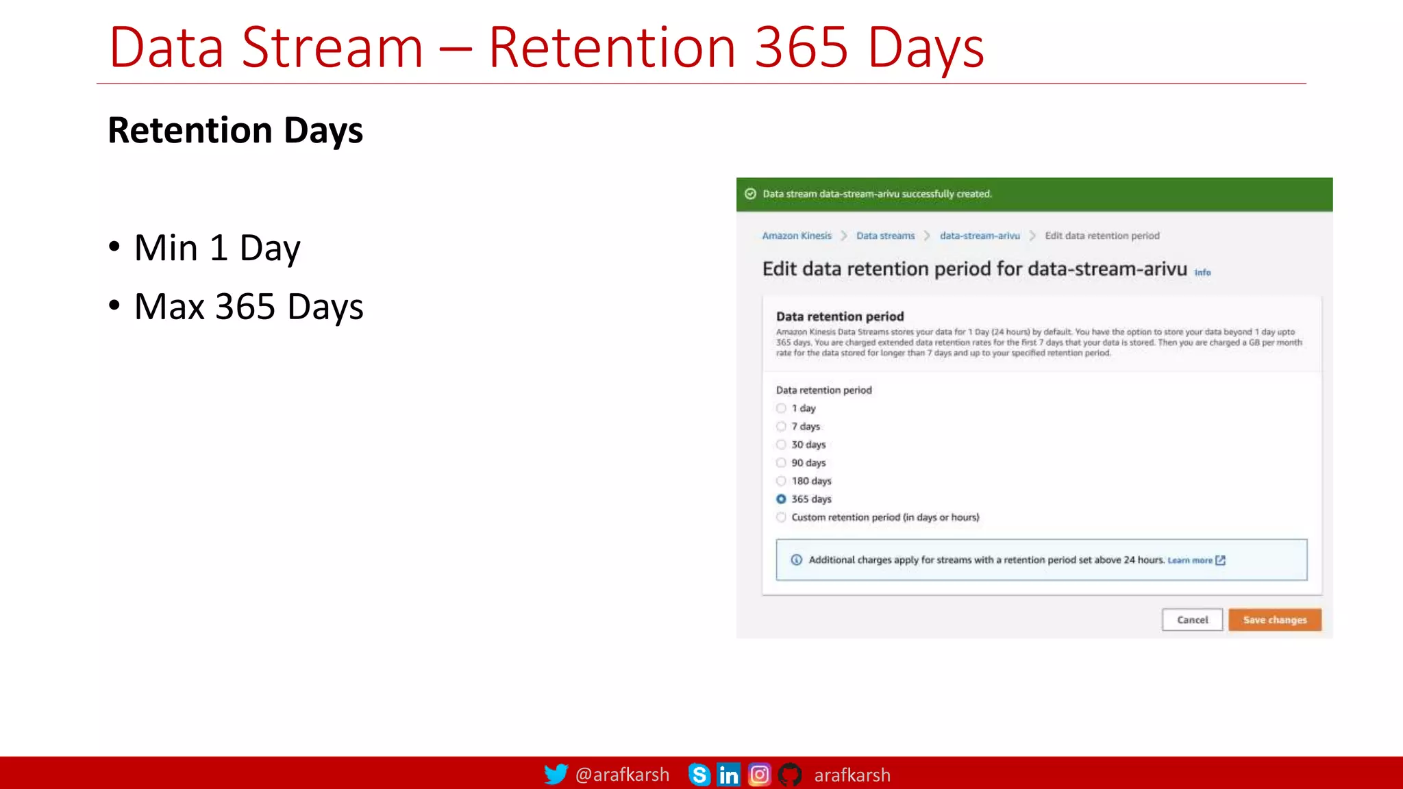 @arafkarsh arafkarsh
Data Stream – Retention 365 Days
Retention Days
• Min 1 Day
• Max 365 Days
29
 