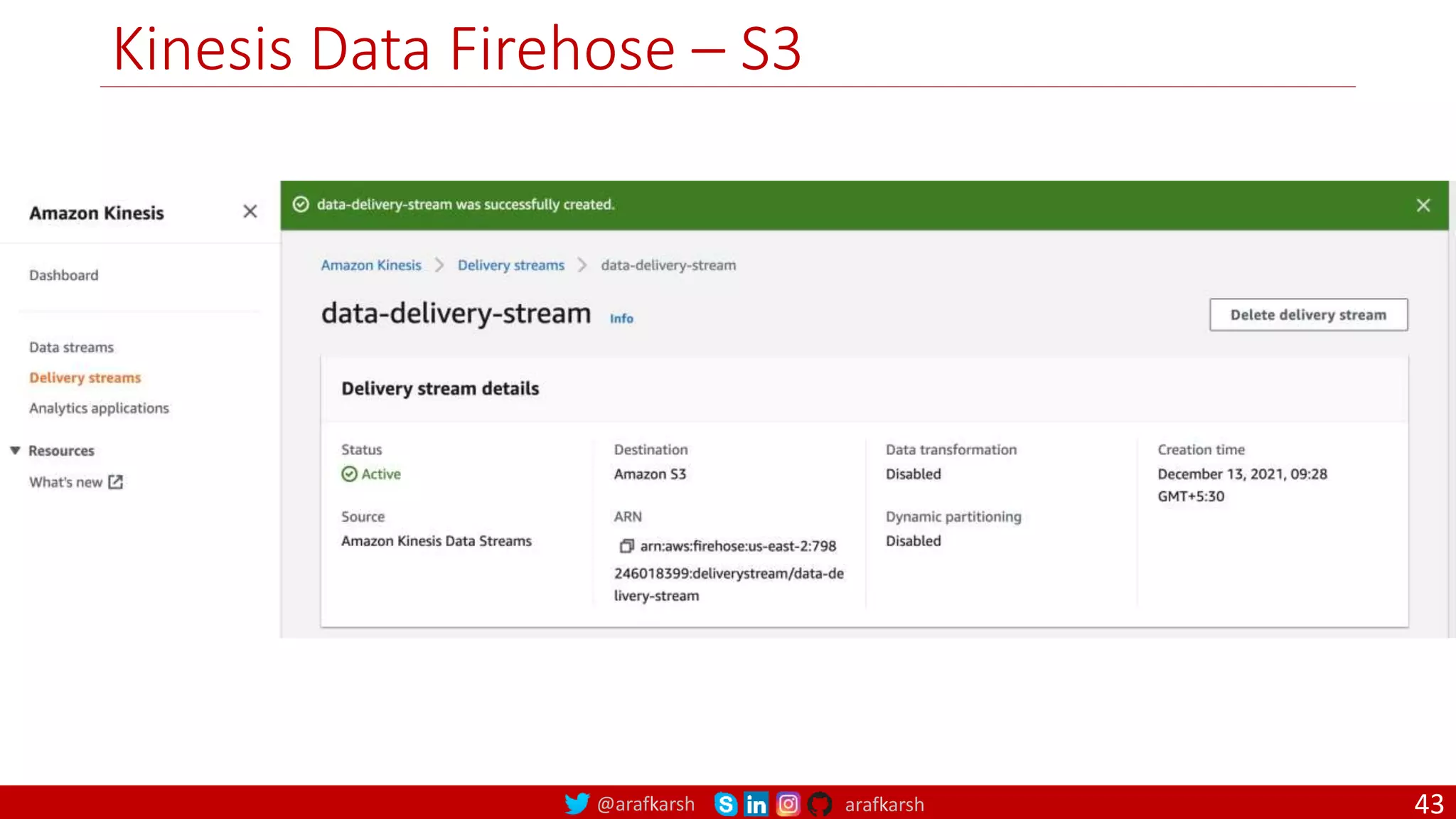 @arafkarsh arafkarsh
Kinesis Data Firehose – S3
43
 