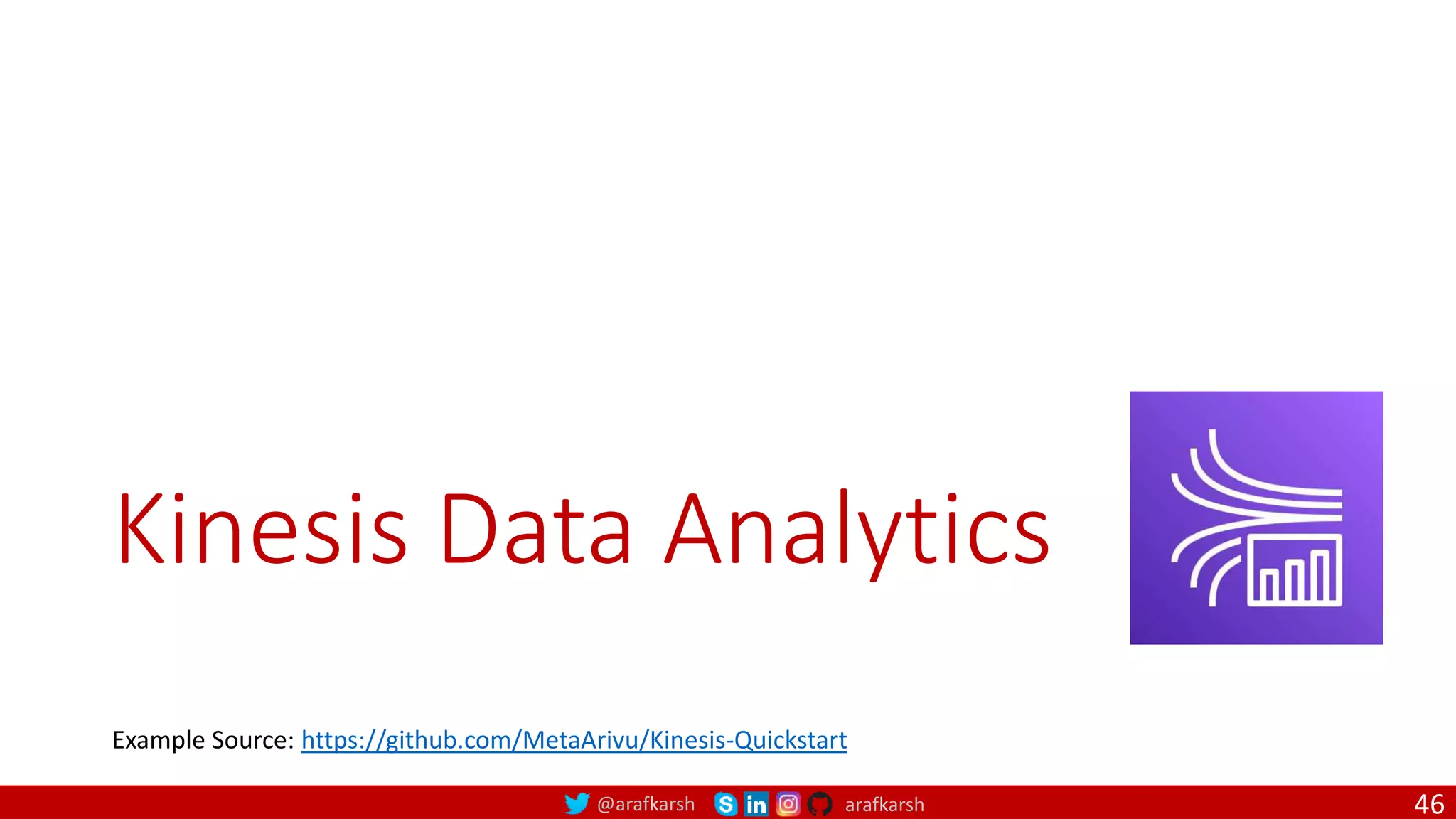 @arafkarsh arafkarsh
Kinesis Data Analytics
• K
46
Example Source: https://github.com/MetaArivu/Kinesis-Quickstart
 