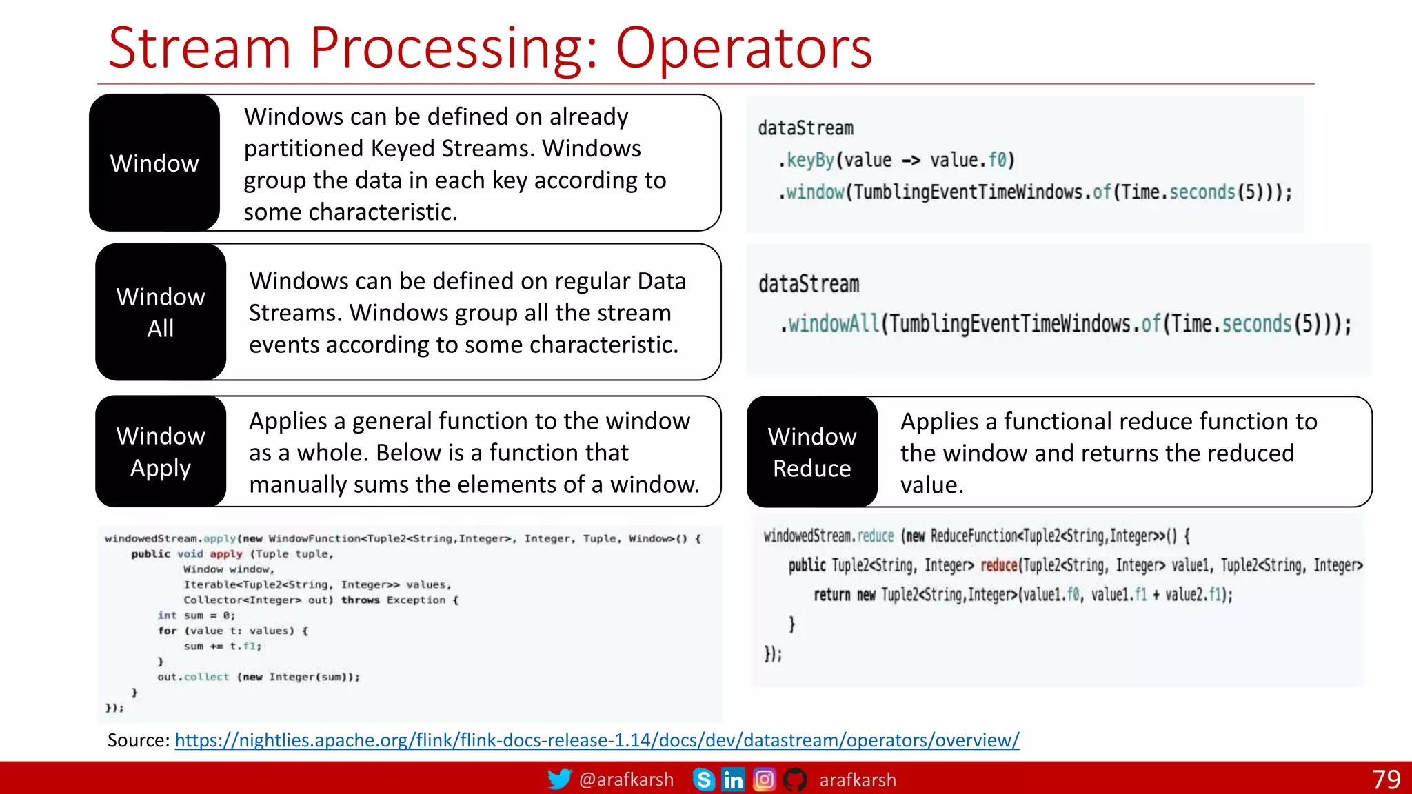 @arafkarsh arafkarsh
Stream Processing: Operators
79
Window
All
Windows can be defined on regular Data
Streams. Windows group all the stream
events according to some characteristic.
Window
Apply
Applies a general function to the window
as a whole. Below is a function that
manually sums the elements of a window.
Window
Reduce
Applies a functional reduce function to
the window and returns the reduced
value.
Source: https://nightlies.apache.org/flink/flink-docs-release-1.14/docs/dev/datastream/operators/overview/
Window
Windows can be defined on already
partitioned Keyed Streams. Windows
group the data in each key according to
some characteristic.
 