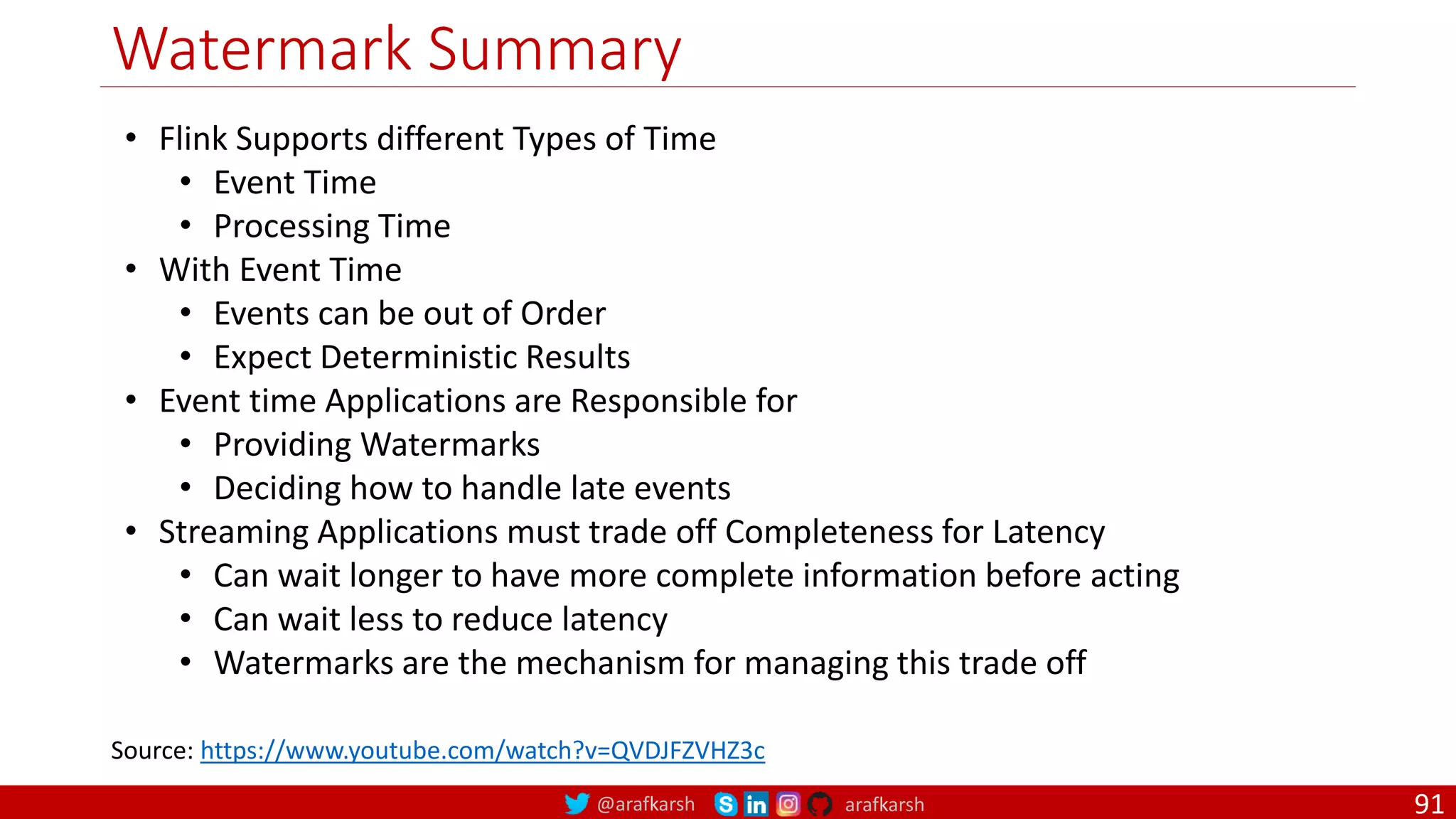 @arafkarsh arafkarsh
Watermark Summary
91
• Flink Supports different Types of Time
• Event Time
• Processing Time
• With Event Time
• Events can be out of Order
• Expect Deterministic Results
• Event time Applications are Responsible for
• Providing Watermarks
• Deciding how to handle late events
• Streaming Applications must trade off Completeness for Latency
• Can wait longer to have more complete information before acting
• Can wait less to reduce latency
• Watermarks are the mechanism for managing this trade off
Source: https://www.youtube.com/watch?v=QVDJFZVHZ3c
 