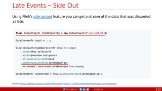 @arafkarsh arafkarsh
Late Events – Side Out
112
Source: https://nightlies.apache.org/flink/flink-docs-release-1.14/docs/dev/datastream/operators/windows/
Using Flink’s side output feature you can get a stream of the data that was discarded
as late.
 