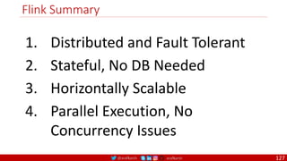 @arafkarsh arafkarsh
Flink Summary
127
1. Distributed and Fault Tolerant
2. Stateful, No DB Needed
3. Horizontally Scalable
4. Parallel Execution, No
Concurrency Issues
 