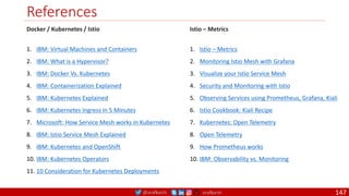 @arafkarsh arafkarsh
References
Docker / Kubernetes / Istio
1. IBM: Virtual Machines and Containers
2. IBM: What is a Hypervisor?
3. IBM: Docker Vs. Kubernetes
4. IBM: Containerization Explained
5. IBM: Kubernetes Explained
6. IBM: Kubernetes Ingress in 5 Minutes
7. Microsoft: How Service Mesh works in Kubernetes
8. IBM: Istio Service Mesh Explained
9. IBM: Kubernetes and OpenShift
10. IBM: Kubernetes Operators
11. 10 Consideration for Kubernetes Deployments
Istio – Metrics
1. Istio – Metrics
2. Monitoring Istio Mesh with Grafana
3. Visualize your Istio Service Mesh
4. Security and Monitoring with Istio
5. Observing Services using Prometheus, Grafana, Kiali
6. Istio Cookbook: Kiali Recipe
7. Kubernetes: Open Telemetry
8. Open Telemetry
9. How Prometheus works
10. IBM: Observability vs. Monitoring
147
 