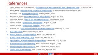 @arafkarsh arafkarsh
References
152
1. Lewis, James, and Martin Fowler. “Microservices: A Definition of This New Architectural Term”, March 25, 2014.
2. Miller, Matt. “Innovate or Die: The Rise of Microservices”. e Wall Street Journal, October 5, 2015.
3. Newman, Sam. Building Microservices. O’Reilly Media, 2015.
4. Alagarasan, Vijay. “Seven Microservices Anti-patterns”, August 24, 2015.
5. Cockcroft, Adrian. “State of the Art in Microservices”, December 4, 2014.
6. Fowler, Martin. “Microservice Prerequisites”, August 28, 2014.
7. Fowler, Martin. “Microservice Tradeoffs”, July 1, 2015.
8. Humble, Jez. “Four Principles of Low-Risk Software Release”, February 16, 2012.
9. Zuul Edge Server, Ketan Gote, May 22, 2017
10. Ribbon, Hysterix using Spring Feign, Ketan Gote, May 22, 2017
11. Eureka Server with Spring Cloud, Ketan Gote, May 22, 2017
12. Apache Kafka, A Distributed Streaming Platform, Ketan Gote, May 20, 2017
13. Functional Reactive Programming, Araf Karsh Hamid, August 7, 2016
14. Enterprise Software Architectures, Araf Karsh Hamid, July 30, 2016
15. Docker and Linux Containers, Araf Karsh Hamid, April 28, 2015
 