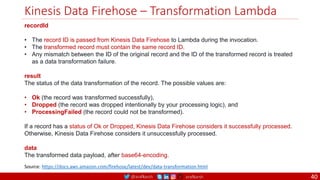 @arafkarsh arafkarsh
Kinesis Data Firehose – Transformation Lambda
40
recordId
• The record ID is passed from Kinesis Data Firehose to Lambda during the invocation.
• The transformed record must contain the same record ID.
• Any mismatch between the ID of the original record and the ID of the transformed record is treated
as a data transformation failure.
result
The status of the data transformation of the record. The possible values are:
• Ok (the record was transformed successfully),
• Dropped (the record was dropped intentionally by your processing logic), and
• ProcessingFailed (the record could not be transformed).
If a record has a status of Ok or Dropped, Kinesis Data Firehose considers it successfully processed.
Otherwise, Kinesis Data Firehose considers it unsuccessfully processed.
data
The transformed data payload, after base64-encoding.
Source: https://docs.aws.amazon.com/firehose/latest/dev/data-transformation.html
 