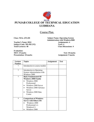 PUNJAB COLLEGE OF TECHNICAL EDUCATION
              LUDHIANA

                                 Course Plan
Class: M.Sc. (IT)-III                       Subject Name: Operating System
                                            Administration with Windows2000
Teacher's Name: HSG                                      Assignments: 4
Subject Code: MS-302 (N2)                                Tests: 4
Total Lectures: 48                                       Class Discussions: 4

Evaluation:
MST: 15 marks                                                  Test: 10 marks
Presentation: 10 marks                                   Assignment: 5 marks


Lecture     Topics                          Assignment    Test
Number
     1.     Introduction to course module

     2.     Introduction to Operating
            System Administration with
            Windows 2000
     3.     Basic Fundamental Of
            Windows 2000 Family
            • Windows 2000
                Professional
            • Windows 2000 Server
            • Windows 2000 Advance
                Server
            • Windows 2000 Data
                Center

     4.     Comparison of Windows
            Server with Others OS
            • Windows 2000
               Professional v/s
               Windows3.1
            • Windows 2000
 