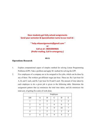 Dear students get fully solved assignments 
Send your semester & Specialization name to our mail id : 
“ help.mbaassignments@gmail.com ” 
or 
Call us at : 08263069601 
(Prefer mailing. Call in emergency ) 
MS-51 
Operations Research 
1. Explain computational aspect of simplex method for solving Linear Programming 
Problems (LPP). Take a problem and apply M- method for solving the LPP. 
2. Five employees of a company are to be assigned to five jobs, which can be done by 
any of them. The workers get different wages per hour. These are: Rs 5 per hour for 
A, B, and C each, and Rs 3 per hour for D and E each. The amount of time taken by 
each employee to do a given job is given in the following table. Determine the 
assignment pattern that (a) minimizes the total time taken, and (b) minimizes the 
total cost, of getting five units of work done. 
Employee 
Job A B C D E 
1 7 9 3 3 2 
2 6 1 6 6 5 
3 3 4 9 10 7 
4 1 5 2 2 4 
5 6 6 9 4 2 
 