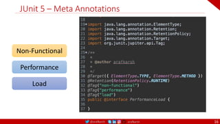 @arafkarsh arafkarsh
JUnit 5 – Meta Annotations
16
Non-Functional
Performance
Load
 