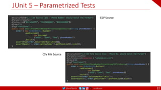 @arafkarsh arafkarsh
JUnit 5 – Parametrized Tests
22
CSV Source
CSV File Source
 
