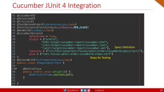 @arafkarsh arafkarsh
Cucumber JUnit 4 Integration
35
Specs Definition
Steps for Testing
 