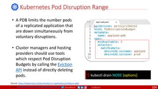 @arafkarsh arafkarsh
• A PDB limits the number pods
of a replicated application that
are down simultaneously from
voluntary disruptions.
• Cluster managers and hosting
providers should use tools
which respect Pod Disruption
Budgets by calling the Eviction
API instead of directly deleting
pods.
Kubernetes Pod Disruption Range
Source: https://kubernetes.io/docs/tasks/run-application/configure-pdb/
$ kubectl drain NODE [options]
Source: https://github.com/meta-magic/kubernetes_workshop 104
 