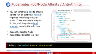 @arafkarsh arafkarsh
• You can constrain a pod to only be
able to run on particular nodes or
to prefer to run on particular
nodes. There are several ways to
do this, and they all use label
selectors to make the selection.
• Assign the label to Node
• Assign Node Selector to a Pod
Kubernetes Pod/Node Affinity / Anti-Affinity
Source: https://kubernetes.io/docs/concepts/configuration/assign-pod-node/
$ kubectl label nodes k8s.node1 disktype=ssd
Source: https://github.com/meta-magic/kubernetes_workshop 105
 