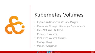 @arafkarsh arafkarsh
Kubernetes Volumes
• In-Tree and Out-Tree Volume Plugins
• Container Storage Interface – Components
• CSI – Volume Life Cycle
• Persistent Volume
• Persistent Volume Claims
• Storage Class
• Volume Snapshot
109
 