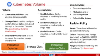 @arafkarsh arafkarsh
Kubernetes Volume
Volume
• A Persistent Volume is the
physical storage available.
• Storage Class is used to configure
custom Storage option (nfs, cloud
storage) in the cluster. They are
the foundation of Dynamic
Provisioning.
• Persistent Volume Claim is used
to mount the required storage
into the Pod.
• ReadOnlyMany: Can be
mounted as read-only by many
nodes
• ReadWriteOnce: Can be
mounted as read-write by a
single node
• ReadWriteMany: Can be
mounted as read-write by many
nodes
Access Mode
Source: https://kubernetes.io/docs/concepts/storage/persistent-volumes/#claims-as-volumes
Persistent
Volume
Persistent
Volume Claim
Storage Class
Volume Mode
• There are two modes
• File System and or
• raw Storage Block.
• Default is File System.
Retain: The volume will need to
be reclaimed manually
Delete: The associated storage
asset, such as AWS EBS, GCE PD,
Azure disk, or OpenStack Cinder
volume, is deleted
Recycle: Delete content only (rm
-rf /volume/*) - Deprecated
Reclaim Policy
128
 