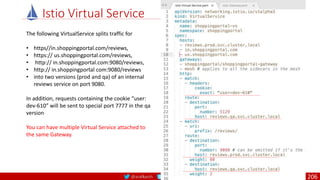 @arafkarsh arafkarsh
Istio Virtual Service
The following VirtualService splits traffic for
• https//in.shoppingportal.com/reviews,
• https:// us.shoppingportal.com/reviews,
• http:// in.shoppingportal.com:9080/reviews,
• http:// in.shoppingportal com:9080/reviews
• into two versions (prod and qa) of an internal
reviews service on port 9080.
In addition, requests containing the cookie “user:
dev-610” will be sent to special port 7777 in the qa
version
You can have multiple Virtual Service attached to
the same Gateway.
206
 