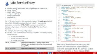 @arafkarsh arafkarsh
For HTTP-based services, it is possible to create a VirtualService backed
by multiple DNS addressable endpoints. In such a scenario, the
application can use the HTTP_PROXY environment variable to
transparently reroute API calls for the VirtualService to a chosen
backend.
For example, the following configuration
• creates a non-existent external service called foo.bar.com backed by
three domains:
• us.foo.bar.com:8080,
• uk.foo.bar.com:9080, and
• in.foo.bar.com:7080
Source: https://istio.io/docs/reference/config/networking/v1alpha3/service-entry/
MESH_EXTERNAL Signifies that the service is external to the mesh.
Typically used to indicate external services consumed
through APIs.
MESH_INTERNAL Signifies that the service is part of the mesh.
Istio ServiceEntry
Resolution determines how the proxy will
resolve the IP addresses of the network
endpoints associated with the service, so that
it can route to one of them. Values: DNS :
Static : None
A service entry describes the properties of a service
• DNS name,
• VIPs (Virtual IPs)
• ports, protocols
• endpoints
209
 