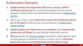 @arafkarsh arafkarsh
Kubernetes Scenario
1. Citadel watches the Kubernetes API Server, creates a SPIFFE
certificate and key pair for each of the existing and new service
accounts. Citadel stores the certificate and key pairs as Kubernetes
secrets.
2. When you create a pod, Kubernetes mounts the certificate and key
pair to the pod according to its service account via Kubernetes
secret volume.
3. Citadel watches the lifetime of each certificate, and automatically
rotates the certificates by rewriting the Kubernetes secrets.
4. Pilot generates the secure naming information, which defines what
service account or accounts can run a certain service. Pilot then
passes the secure naming information to the sidecar Envoy.
Source: https://istio.io/docs/concepts/security/
224
 
