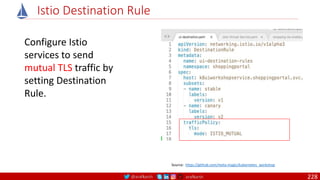 @arafkarsh arafkarsh
Istio Destination Rule
Configure Istio
services to send
mutual TLS traffic by
setting Destination
Rule.
Source: https://github.com/meta-magic/kubernetes_workshop
228
 