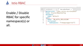 @arafkarsh arafkarsh
Istio RBAC
Enable / Disable
RBAC for specific
namespace(s) or
all.
229
 
