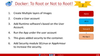 @arafkarsh arafkarsh
Docker: To Root or Not to Root!
1. Create Multiple layers of Images
2. Create a User account
3. Add Runtime software’s based on the User
Account.
4. Run the App under the user account
5. This gives added security to the container.
6. Add Security module SELinux or AppArmour
to increase the security.
Alpine
JRE 8
Tomcat 8
My App 1
2
234
 