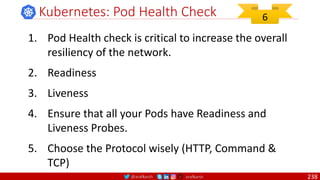 @arafkarsh arafkarsh
Kubernetes: Pod Health Check
1. Pod Health check is critical to increase the overall
resiliency of the network.
2. Readiness
3. Liveness
4. Ensure that all your Pods have Readiness and
Liveness Probes.
5. Choose the Protocol wisely (HTTP, Command &
TCP)
6
238
 