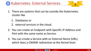 @arafkarsh arafkarsh
Kubernetes: External Services
1. There are systems that can be outside the Kubernetes
cluster like
1. Databases or
2. external services in the cloud.
2. You can create an Endpoint with Specific IP Address and
Port with the same name as Service.
3. You can create a Service with an External Name (URL)
which does a CNAME redirection at the Kernel level.
9
241
 