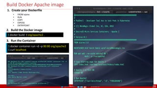 @arafkarsh arafkarsh
Build Docker Apache image
1. Create your Dockerfile
• FROM alpine
• RUN
• COPY
• EXPOSE
• ENTRYPOINT
2. Build the Docker image
3. Run the Container
$ docker build -t org/apache2 .
$ docker container run –d –p 80:80 org/apache2
$ curl localhost
28
 