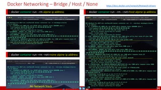 @arafkarsh arafkarsh
Docker Networking – Bridge / Host / None
$ docker container run --rm -–net=host alpine ip address
$ docker container run --rm alpine ip address
$ docker container run –rm –net=none alpine ip address
No Network Stack
https://docs.docker.com/network/#network-drivers
34
 
