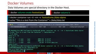 @arafkarsh arafkarsh
Docker Volumes
$ docker volume create hostvolume
Data Volumes are special directory in the Docker Host.
$ docker volume ls
$ docker container run –it –rm –v hostvolume:/data alpine
# echo “This is a test from the Container” > /data/data.txt
Source:
https://github.com/meta-magic/kubernetes_workshop
37
 