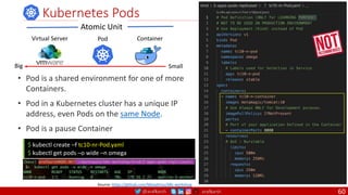 @arafkarsh arafkarsh
• Pod is a shared environment for one of more
Containers.
• Pod in a Kubernetes cluster has a unique IP
address, even Pods on the same Node.
• Pod is a pause Container
Kubernetes Pods
$ kubectl create –f tc10-nr-Pod.yaml
$ kubectl get pods –o wide –n omega
Atomic Unit
Container
Pod
Virtual Server
Small
Big
Source: https://github.com/MetaArivu/k8s-workshop
60
 