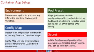 @arafkarsh arafkarsh
Detach the Configuration information
of the App from the Container Image.
Config Map lets you create multiple
profiles for your Dev, QA and Prod
environment.
Config Map
All the Database configurations like
passwords, certificates, OAuth tokens,
etc., can be stored in secrets.
Secret
Helps you create common
configuration which can be injected to
Pod based on a Criteria (selected using
Label). For Ex. SMTP config, SMS
config.
Pod Preset
Environment option let you pass any
info to the pod thru Environment
Variables.
Environment
Container App Setup
73
 