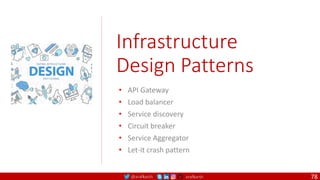 @arafkarsh arafkarsh
Infrastructure
Design Patterns
• API Gateway
• Load balancer
• Service discovery
• Circuit breaker
• Service Aggregator
• Let-it crash pattern
78
 