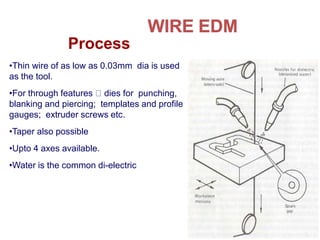 Process
•Thin wire of as low as 0.03mm dia is used
as the tool.
•For through features dies for punching,
blanking and piercing; templates and profile
gauges; extruder screws etc.
•Taper also possible
•Upto 4 axes available.
•Water is the common di-electric
 