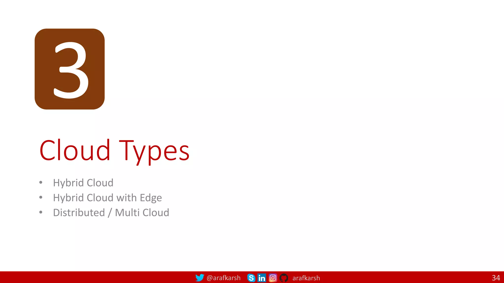 @arafkarsh arafkarsh
Cloud Types
• Hybrid Cloud
• Hybrid Cloud with Edge
• Distributed / Multi Cloud
34
3
 