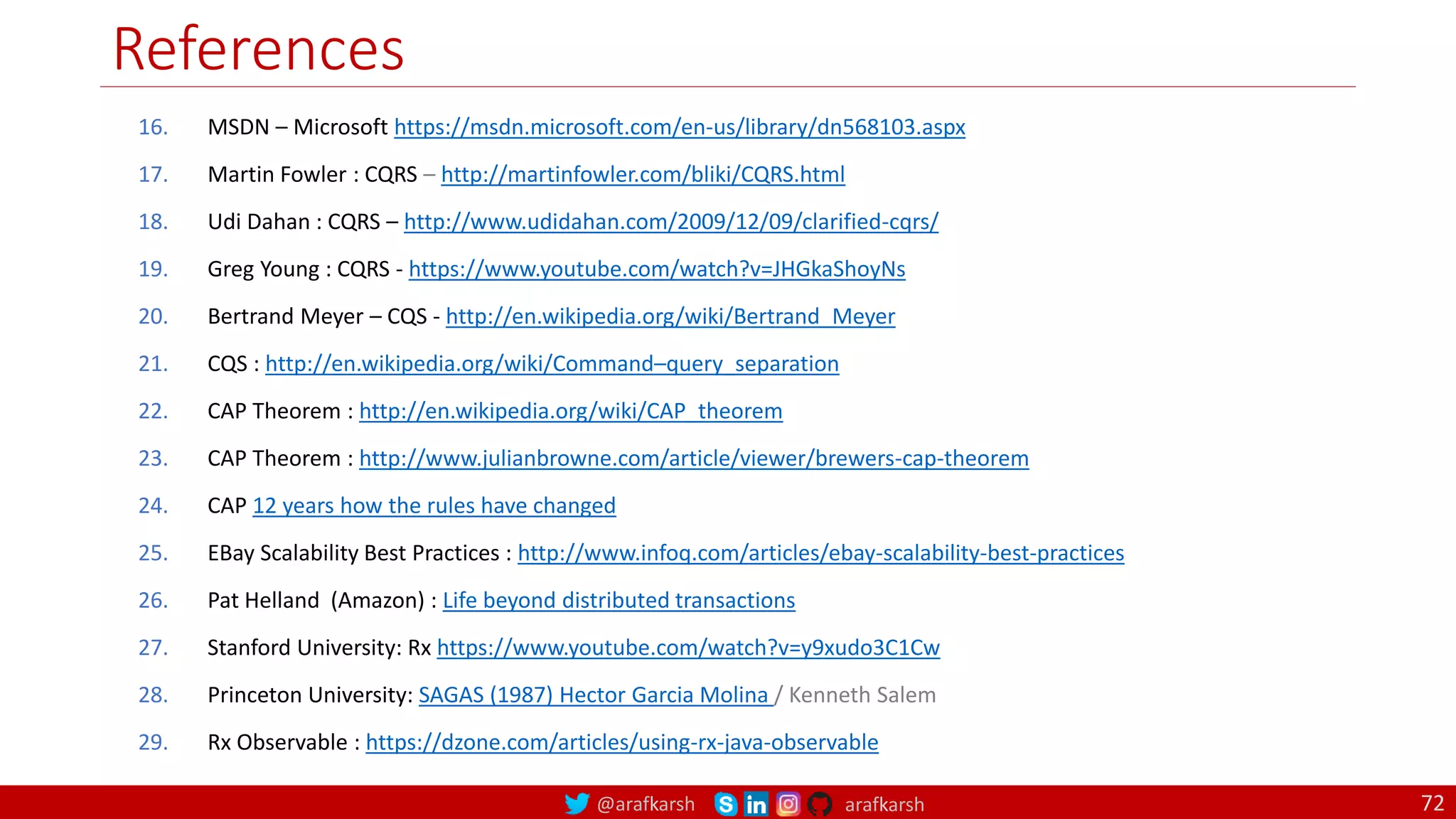 @arafkarsh arafkarsh
References
72
16. MSDN – Microsoft https://msdn.microsoft.com/en-us/library/dn568103.aspx
17. Martin Fowler : CQRS – http://martinfowler.com/bliki/CQRS.html
18. Udi Dahan : CQRS – http://www.udidahan.com/2009/12/09/clarified-cqrs/
19. Greg Young : CQRS - https://www.youtube.com/watch?v=JHGkaShoyNs
20. Bertrand Meyer – CQS - http://en.wikipedia.org/wiki/Bertrand_Meyer
21. CQS : http://en.wikipedia.org/wiki/Command–query_separation
22. CAP Theorem : http://en.wikipedia.org/wiki/CAP_theorem
23. CAP Theorem : http://www.julianbrowne.com/article/viewer/brewers-cap-theorem
24. CAP 12 years how the rules have changed
25. EBay Scalability Best Practices : http://www.infoq.com/articles/ebay-scalability-best-practices
26. Pat Helland (Amazon) : Life beyond distributed transactions
27. Stanford University: Rx https://www.youtube.com/watch?v=y9xudo3C1Cw
28. Princeton University: SAGAS (1987) Hector Garcia Molina / Kenneth Salem
29. Rx Observable : https://dzone.com/articles/using-rx-java-observable
 