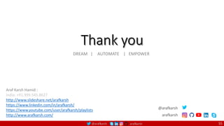 @arafkarsh arafkarsh 55
DREAM | AUTOMATE | EMPOWER
Araf Karsh Hamid :
India: +91.999.545.8627
http://www.slideshare.net/arafkarsh
https://www.linkedin.com/in/arafkarsh/
https://www.youtube.com/user/arafkarsh/playlists
http://www.arafkarsh.com/
@arafkarsh
arafkarsh
 