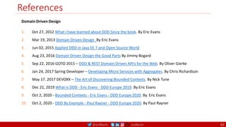 @arafkarsh arafkarsh
References
62
Domain Driven Design
1. Oct 27, 2012 What I have learned about DDD Since the book. By Eric Evans
2. Mar 19, 2013 Domain Driven Design By Eric Evans
3. Jun 02, 2015 Applied DDD in Java EE 7 and Open Source World
4. Aug 23, 2016 Domain Driven Design the Good Parts By Jimmy Bogard
5. Sep 22, 2016 GOTO 2015 – DDD & REST Domain Driven API’s for the Web. By Oliver Gierke
6. Jan 24, 2017 Spring Developer – Developing Micro Services with Aggregates. By Chris Richardson
7. May 17. 2017 DEVOXX – The Art of Discovering Bounded Contexts. By Nick Tune
8. Dec 21, 2019 What is DDD - Eric Evans - DDD Europe 2019. By Eric Evans
9. Oct 2, 2020 - Bounded Contexts - Eric Evans - DDD Europe 2020. By. Eric Evans
10. Oct 2, 2020 - DDD By Example - Paul Rayner - DDD Europe 2020. By Paul Rayner
 