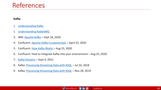 @arafkarsh arafkarsh
References
64
Kafka
1. Understanding Kafka
2. Understanding RabbitMQ
3. IBM: Apache Kafka – Sept 18, 2020
4. Confluent: Apache Kafka Fundamentals – April 25, 2020
5. Confluent: How Kafka Works – Aug 25, 2020
6. Confluent: How to integrate Kafka into your environment – Aug 25, 2020
7. Kafka Streams – Sept 4, 2021
8. Kafka: Processing Streaming Data with KSQL – Jul 16, 2018
9. Kafka: Processing Streaming Data with KSQL – Nov 28, 2019
 