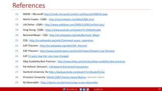 @arafkarsh arafkarsh
References
72
16. MSDN – Microsoft https://msdn.microsoft.com/en-us/library/dn568103.aspx
17. Martin Fowler : CQRS – http://martinfowler.com/bliki/CQRS.html
18. Udi Dahan : CQRS – http://www.udidahan.com/2009/12/09/clarified-cqrs/
19. Greg Young : CQRS - https://www.youtube.com/watch?v=JHGkaShoyNs
20. Bertrand Meyer – CQS - http://en.wikipedia.org/wiki/Bertrand_Meyer
21. CQS : http://en.wikipedia.org/wiki/Command–query_separation
22. CAP Theorem : http://en.wikipedia.org/wiki/CAP_theorem
23. CAP Theorem : http://www.julianbrowne.com/article/viewer/brewers-cap-theorem
24. CAP 12 years how the rules have changed
25. EBay Scalability Best Practices : http://www.infoq.com/articles/ebay-scalability-best-practices
26. Pat Helland (Amazon) : Life beyond distributed transactions
27. Stanford University: Rx https://www.youtube.com/watch?v=y9xudo3C1Cw
28. Princeton University: SAGAS (1987) Hector Garcia Molina / Kenneth Salem
29. Rx Observable : https://dzone.com/articles/using-rx-java-observable
 