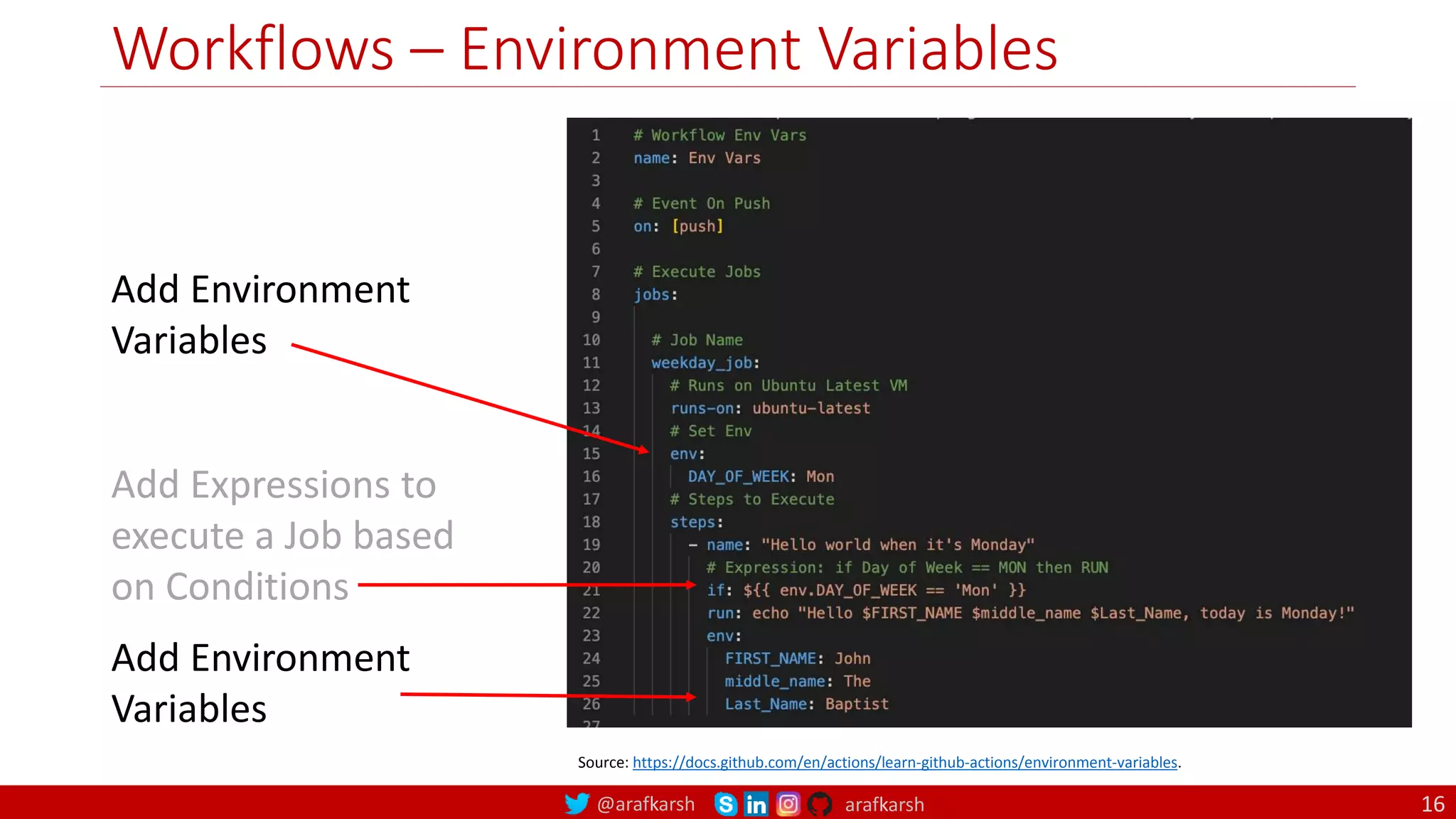 @arafkarsh arafkarsh
Workflows – Environment Variables
Add Expressions to
execute a Job based
on Conditions
Source: https://docs.github.com/en/actions/learn-github-actions/environment-variables.
Add Environment
Variables
Add Environment
Variables
16
 