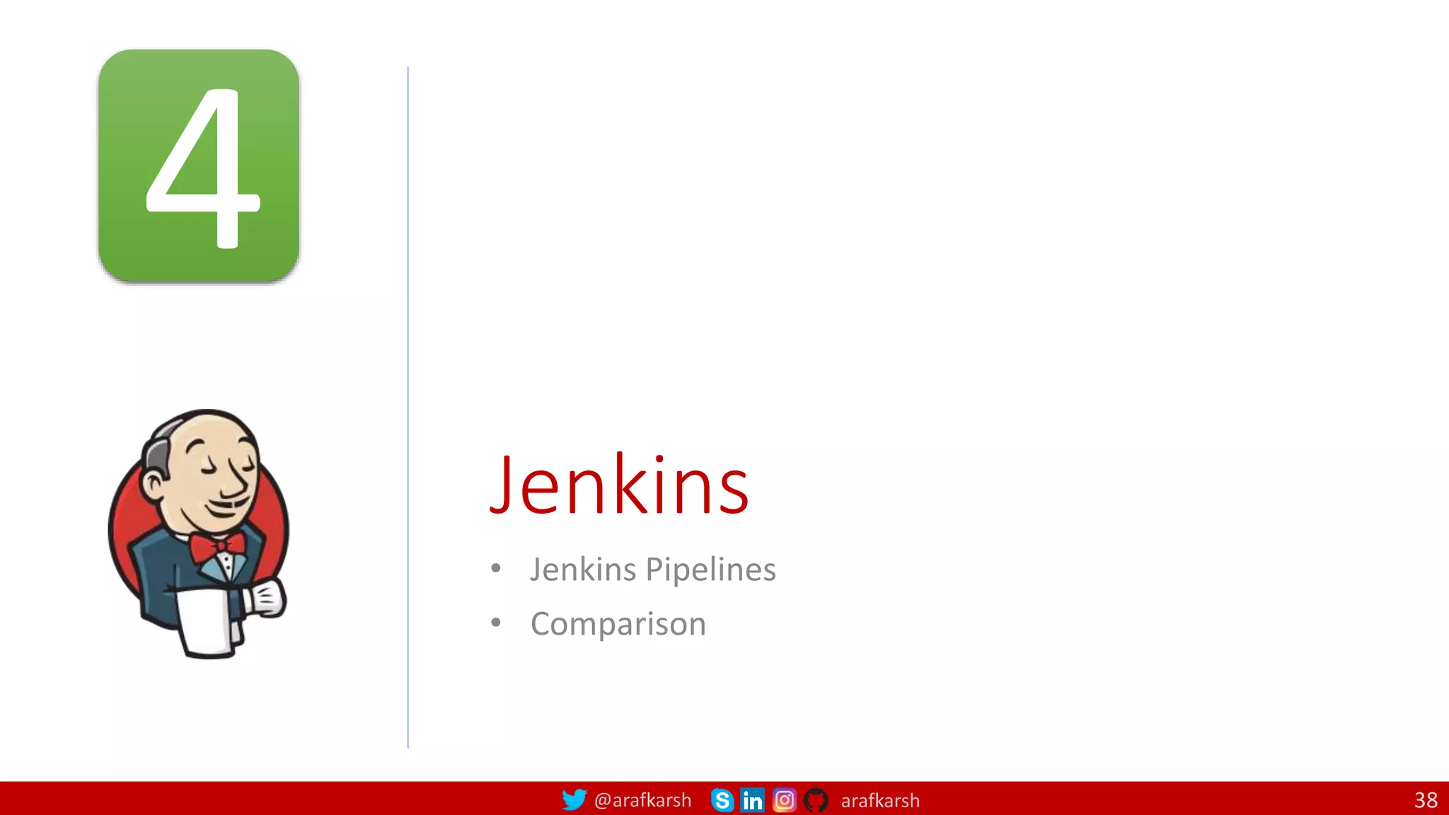 @arafkarsh arafkarsh
Jenkins
• Jenkins Pipelines
• Comparison
4
38
 