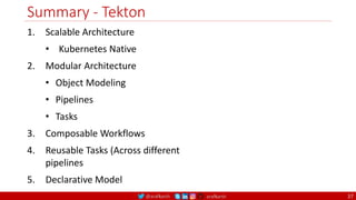 @arafkarsh arafkarsh
Summary - Tekton
37
1. Scalable Architecture
• Kubernetes Native
2. Modular Architecture
• Object Modeling
• Pipelines
• Tasks
3. Composable Workflows
4. Reusable Tasks (Across different
pipelines
5. Declarative Model
 