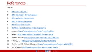 @arafkarsh arafkarsh
References
61
DevOps
1. IBM: What is DevOps?
2. IBM: Cloud Native DevOps Explained
3. IBM: Application Transformation
4. IBM: Virtualization Explained
5. What is DevOps? Easy Way
6. DevOps?! How to become a DevOps Engineer???
7. Amazon: https://www.youtube.com/watch?v=mBU3AJ3j1rg
8. NetFlix: https://www.youtube.com/watch?v=UTKIT6STSVM
9. DevOps and SRE: https://www.youtube.com/watch?v=uTEL8Ff1Zvk
10. SLI, SLO, SLA : https://www.youtube.com/watch?v=tEylFyxbDLE
11. DevOps and SRE : Risks and Budgets : https://www.youtube.com/watch?v=y2ILKr8kCJU
12. SRE @ Google: https://www.youtube.com/watch?v=d2wn_E1jxn4
 
