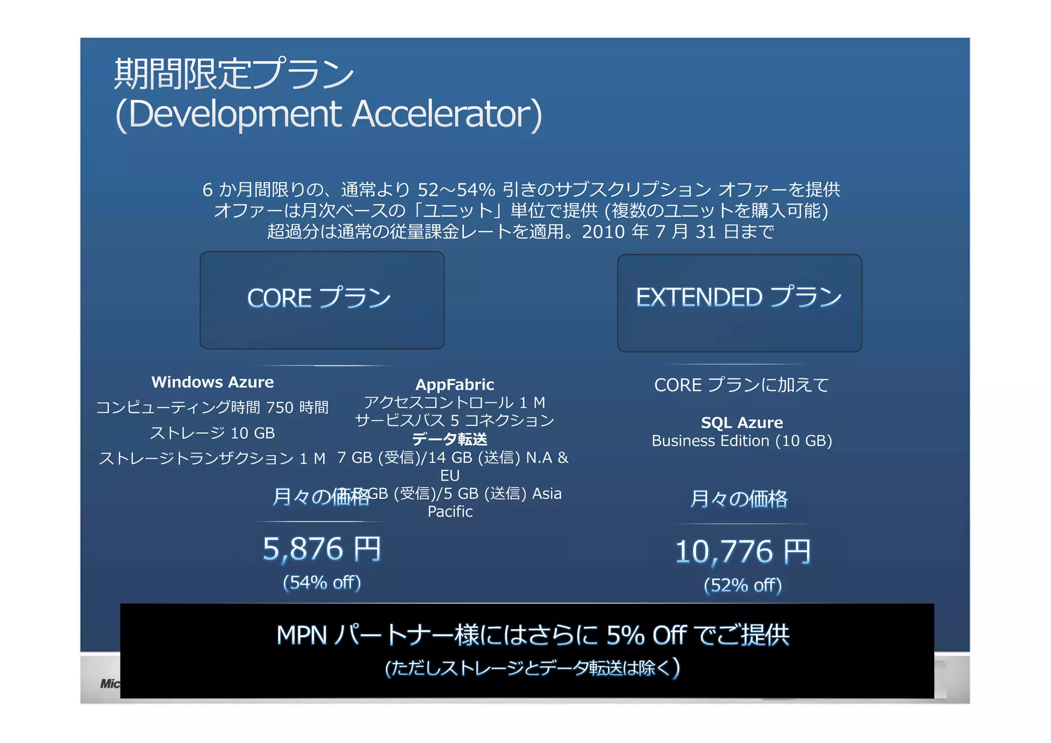 6 か⽉間限りの、通常より 52〜54% 引きのサブスクリプション オファーを提供
 オファーは⽉次ベースの「ユニット」単位で提供 (複数のユニットを購⼊可能)
     超過分は通常の従量課⾦レートを適⽤。2010 年 7 ⽉ 31 ⽇まで
 