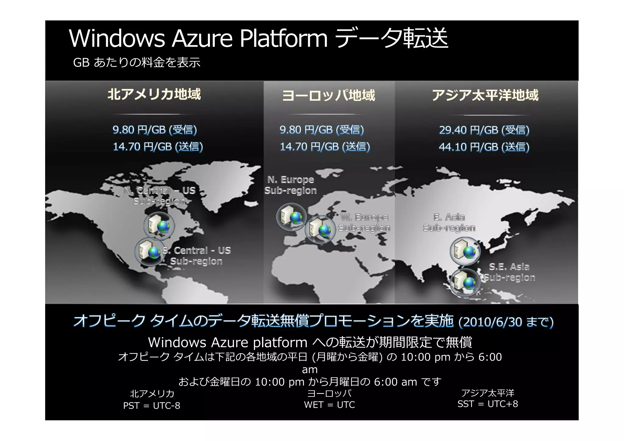 Windows Azure Platform データ転送




        Windows Azure platform への転送が期間限定で無償
   オフピーク タイムは下記の各地域の平⽇ (⽉曜から⾦曜) の 10:00 pm から 6:00
                         am
         および⾦曜⽇の 10:00 pm から⽉曜⽇の 6:00 am です
     北アメリカ               ヨーロッパ               アジア太平洋
    PST = UTC-8          WET = UTC          SST = UTC+8
 